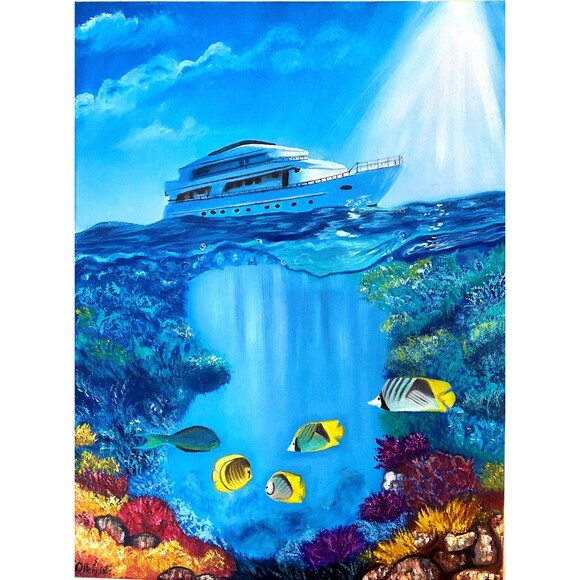 Original Oil Painting 18x24 Seascape Underwater Yachts Marine Life Canvas Art - Picture 1 of 8